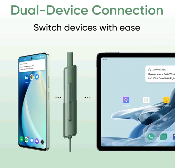 realme Buds Wireless 3 Neo with 13.4mm Driver, 32 hrs Playback, Dual Device Connection Bluetooth  (Blue, In the Ear) - Green
