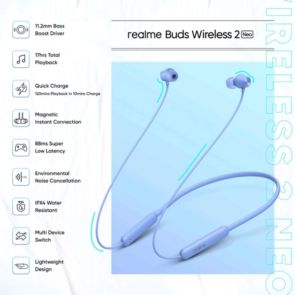 realme Buds Wireless 3 Neo with 13.4mm Driver, 32 hrs Playback, Dual Device Connection Bluetooth  (Blue, In the Ear) - Sky Blue