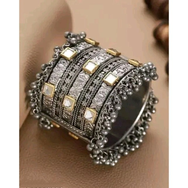 Stone Oxidised Bangle - Silver