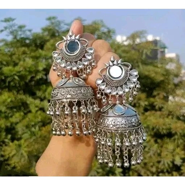 Stylish Mirror Work Jhumka Earrings, Beautiful Silver Oxidised Jhumka Earrings For Women & Girls
