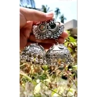 Stylish Mirror Work Jhumka Earrings, Beautiful Silver Oxidised Jhumka Earrings For Women & Girls
