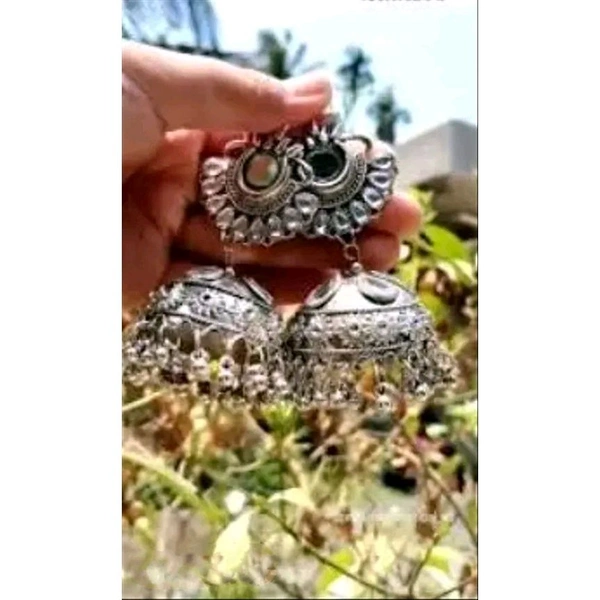 Stylish Mirror Work Jhumka Earrings, Beautiful Silver Oxidised Jhumka Earrings For Women & Girls