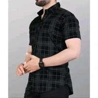 STI Men's Checked Regular Spread Collar Black Shirts - Black, L
