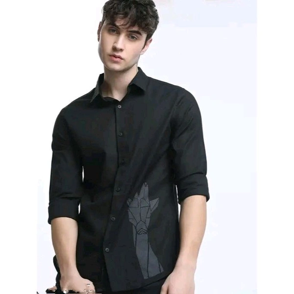 Men's Graphic Print Slim Cutaway Collar Black Shirts - Black, S