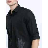 Men's Graphic Print Slim Cutaway Collar Black Shirts - Black, S