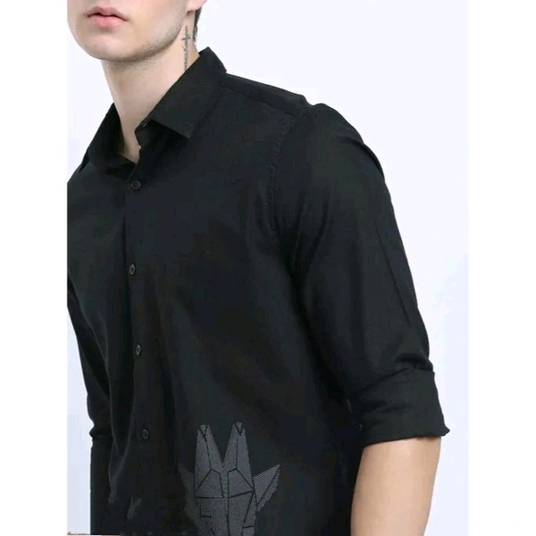 Men's Graphic Print Slim Cutaway Collar Black Shirts - Black, S