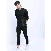 Men's Graphic Print Slim Cutaway Collar Black Shirts - Black, S