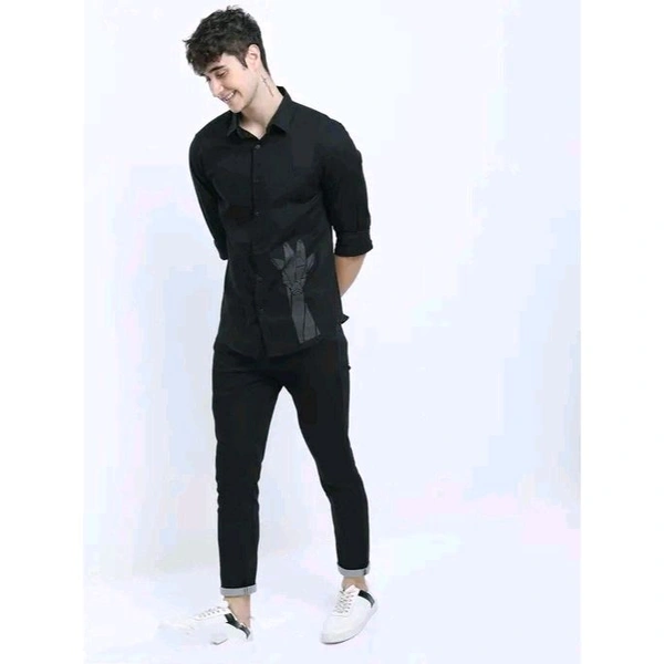 Men's Graphic Print Slim Cutaway Collar Black Shirts - Black, S