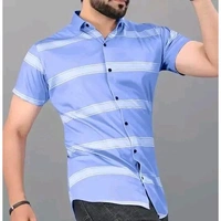 Men's Horizontal Stripes Regular Spread Collar Blue Shirts - Blue, S