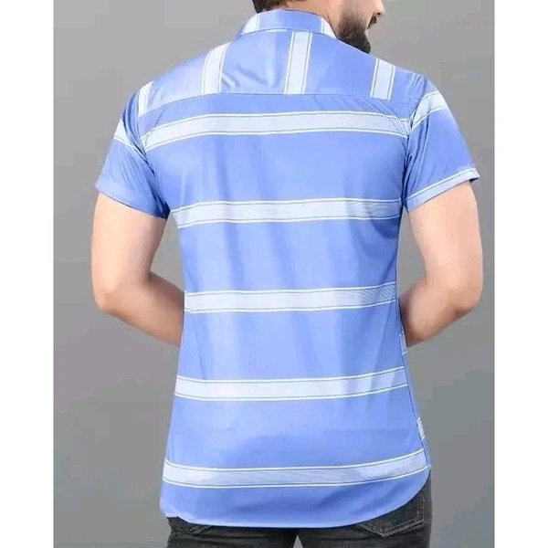 Men's Horizontal Stripes Regular Spread Collar Blue Shirts - Blue, M
