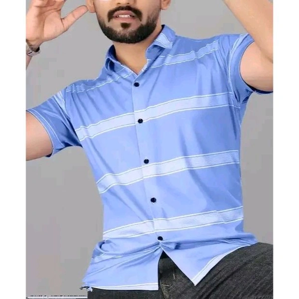 Men's Horizontal Stripes Regular Spread Collar Blue Shirts - Blue, XL