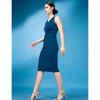Women's Solid V-neck Blue Dresses - Blue, L