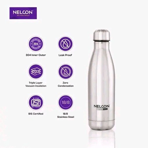 Nelcon Stainless Steel Vacuum Insulated Cola Thermo plus 500ml 18 Hours Hot And Cold. 304 Grade BPA Free Rust Proof And Leak Proof. Soft Drinks Etc. 500ml (Pack Of 1)