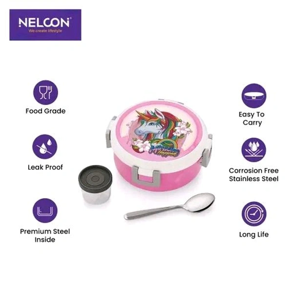 Nelcon  Kids Lunch box 510ml, Set of 1,Attractive Pink Unicorn Cartoon | Leak Proof | Odour Proof | Light Weight | Easy to Carry | Food Grade