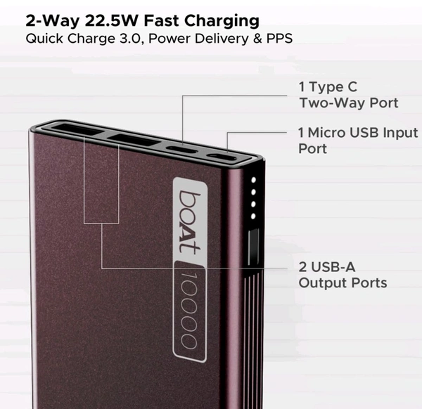 Boat boAt 10000 mAh 22.5 W Power Bank  (Burgundy, Lithium Polymer, Quick Charge 3.0 for Mobile) - Burgundy