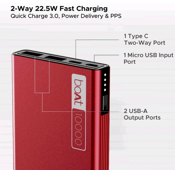 Boat boAt 10000 mAh 22.5 W Power Bank  (Martian Red, Lithium Polymer, Quick Charge 3.0 for Mobile) - Martian Red