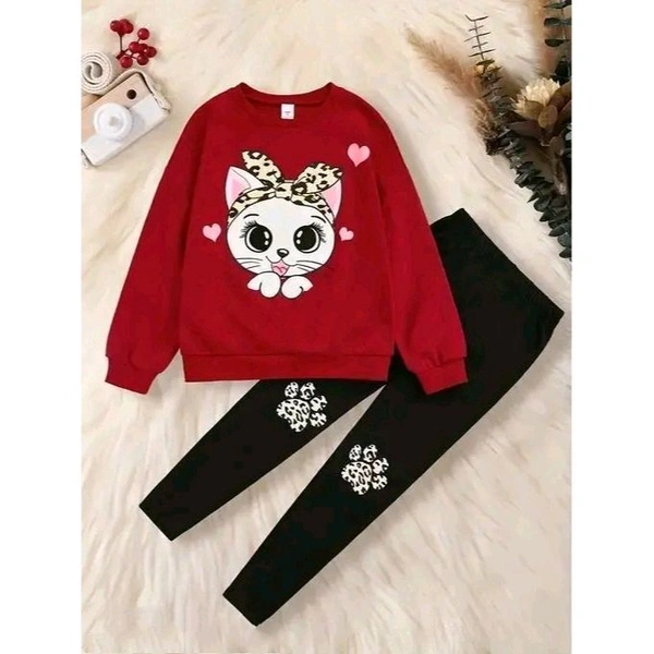 KEESOR KIDS FULL SLEEVE TOP & PANT SET | Full Sleeves Solid Colour Joggers Set | Girls Cotton Clothing Set - Red, 9-10