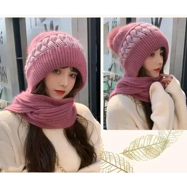 SYGA Women Winter Knitted Warm Hat with Scarf,Ear Protection Pompom Woolen Hat for Adult (Leather Pink)