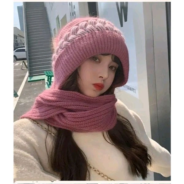 SYGA Women Winter Knitted Warm Hat with Scarf,Ear Protection Pompom Woolen Hat for Adult (Leather Pink)