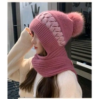 SYGA Women Winter Knitted Warm Hat with Scarf,Ear Protection Pompom Woolen Hat for Adult (Leather Pink)