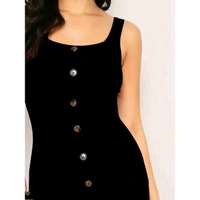 Black Front Button Sleeveless Bodycon Dress - Black, M