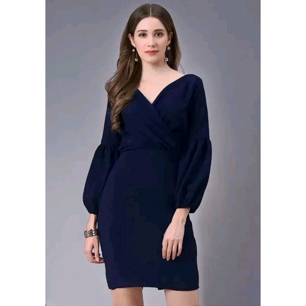Blue wrap midi dress for women | fitted partywear navy dress | Trending mini dress  | winter partywear dress - Navy Blue, M