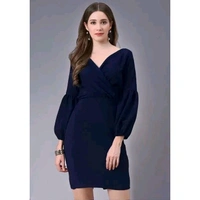 Blue wrap midi dress for women | fitted partywear navy dress | Trending mini dress  | winter partywear dress - Navy Blue, L