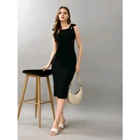 Attire Empire Women Solid Squared Neck Tie-Up Shoulder Straps Bodycon Midi Dress - Black, L