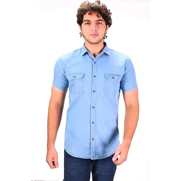 MEN DENIM CARGO HALF SLEEVES SHIRT - Aqua Blue, M