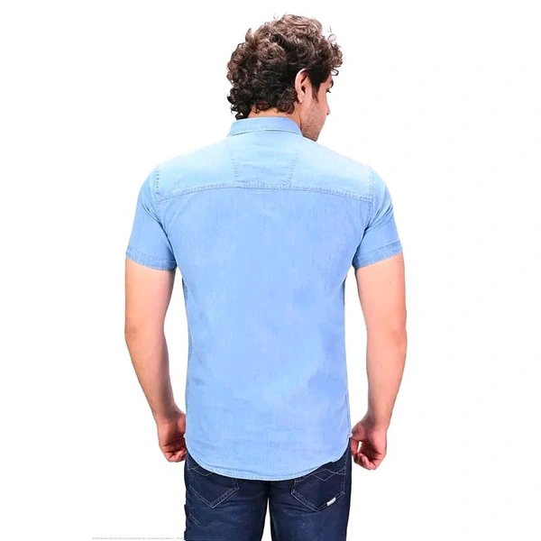 MEN DENIM CARGO HALF SLEEVES SHIRT - Aqua Blue, M