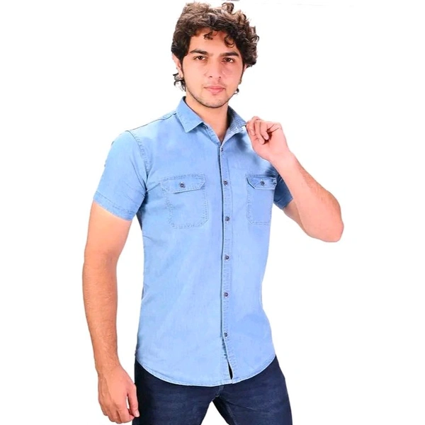 MEN DENIM CARGO HALF SLEEVES SHIRT - XXL, Aqua Blue