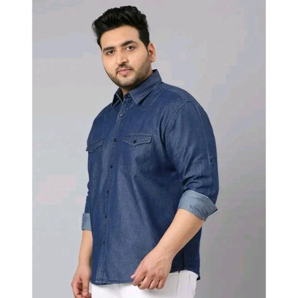 Men's Blue Denim Western Shirt with Double Flap Pockets and Full Sleeves - Classic All-Season Style Shirt - Blue, 5XL