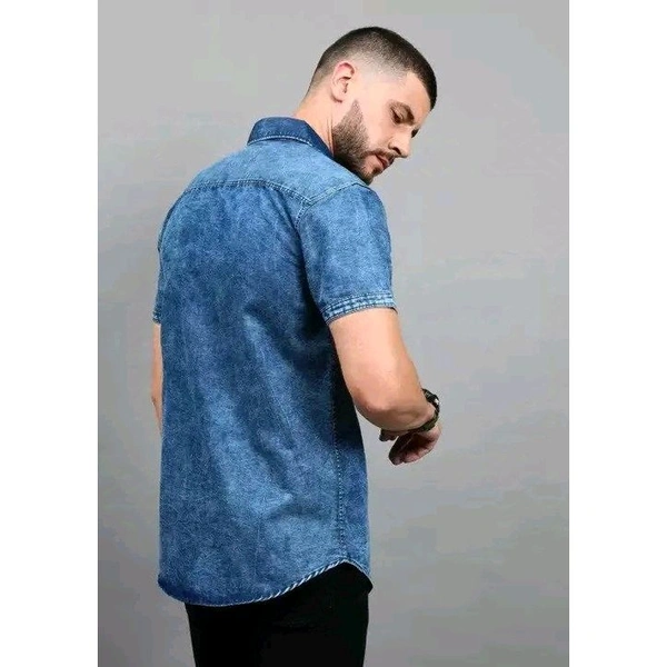 Mens Blue Faded Short Sleeve Pocket  Cut Away Collar Button Denim Shirt - Blue, S