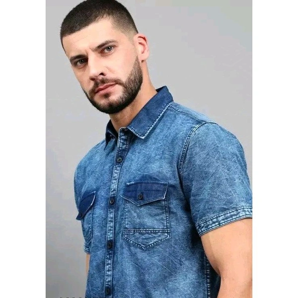 Mens Blue Faded Short Sleeve Pocket  Cut Away Collar Button Denim Shirt - Blue, 2XL