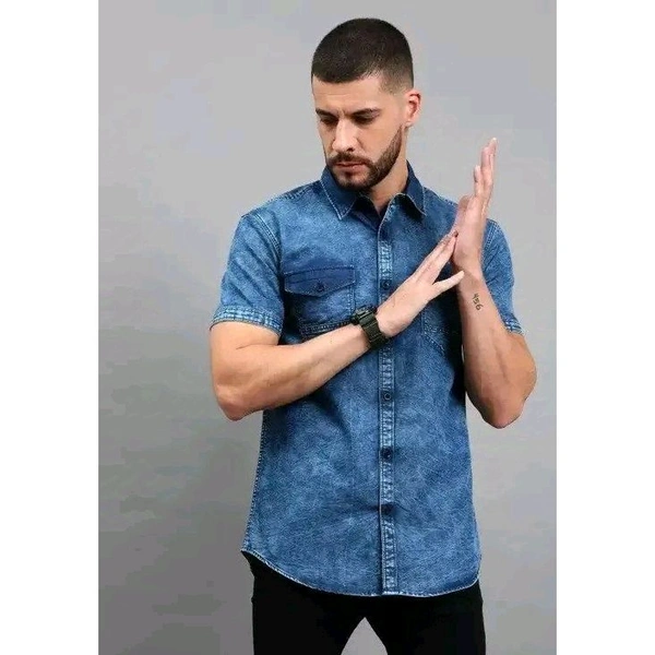 Mens Blue Faded Short Sleeve Pocket  Cut Away Collar Button Denim Shirt - Blue, 4XL