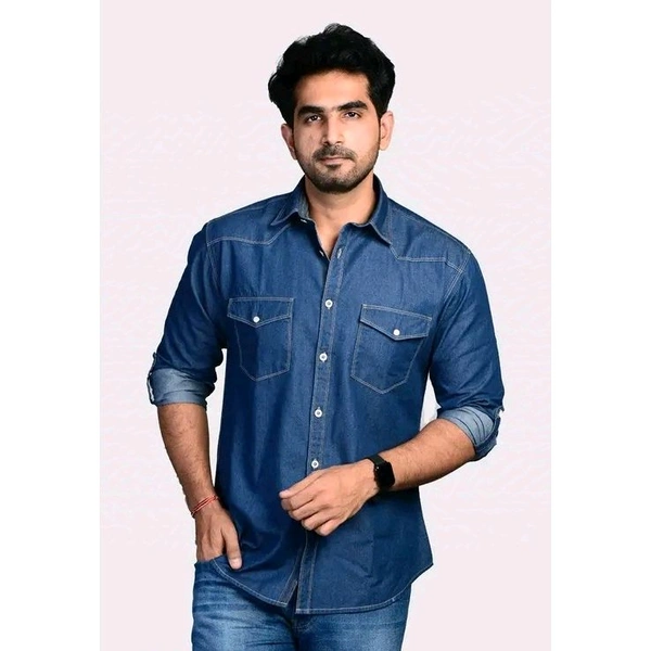 Men's Blue Denim Shirt - Double Flap Pockets, Full Sleeves, Curved Hemline - All Seasons Style - Blue, S