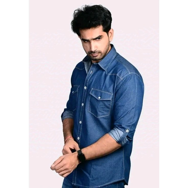 Men's Blue Denim Shirt - Double Flap Pockets, Full Sleeves, Curved Hemline - All Seasons Style - Blue, 2XL