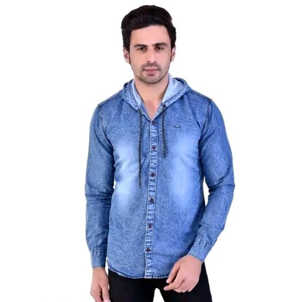 Mens Hooded Denim Shirt - Blue, M