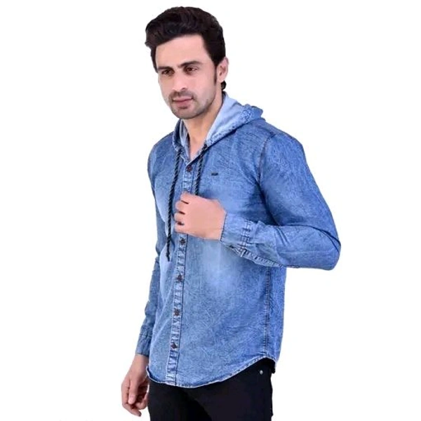 Mens Hooded Denim Shirt - Blue, L