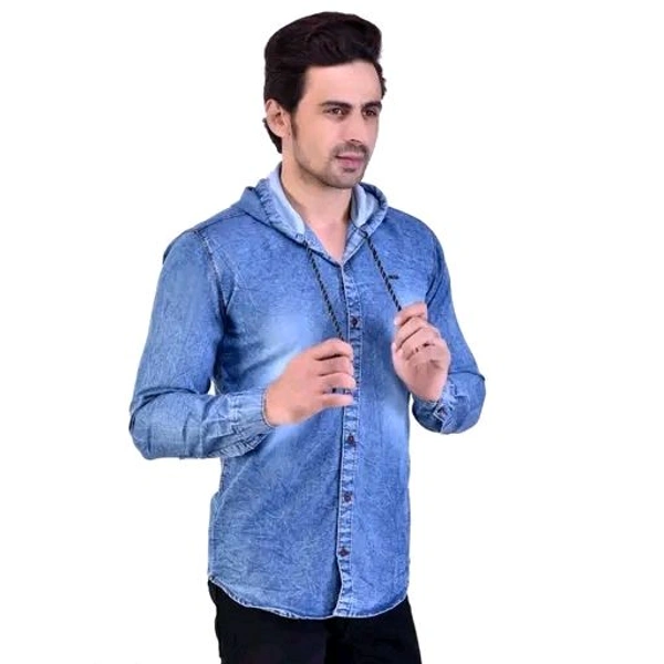Mens Hooded Denim Shirt - Blue, L