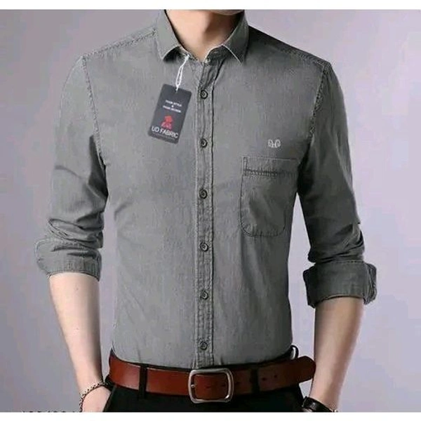 Denim Poly-Cotton Slim Fit Shirt - Gray, M
