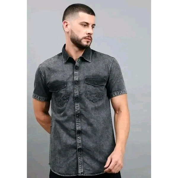 Mens Black Faded Short Sleeve Pocket  Cut Away Collar Button Denim Shirt - Black, L