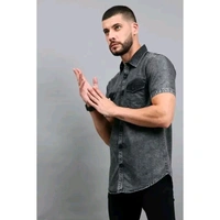Mens Black Faded Short Sleeve Pocket  Cut Away Collar Button Denim Shirt - Black, L