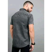 Mens Black Faded Short Sleeve Pocket  Cut Away Collar Button Denim Shirt - Black, L