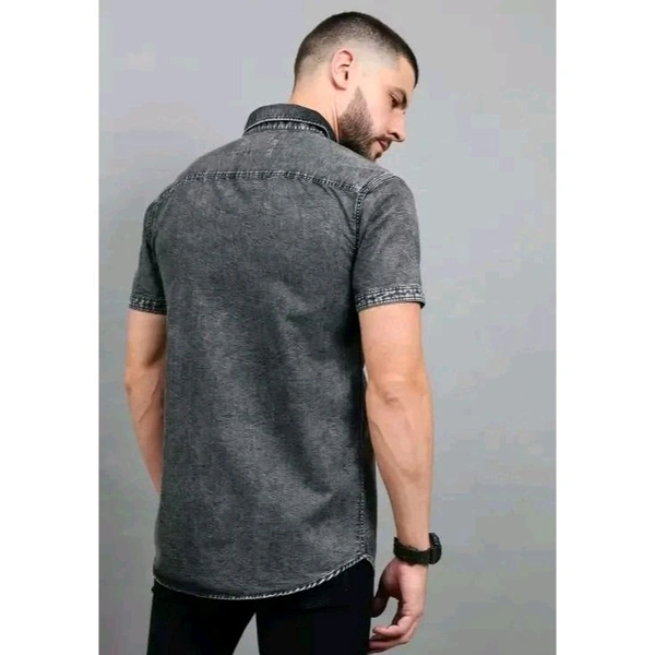 Mens Black Faded Short Sleeve Pocket  Cut Away Collar Button Denim Shirt - Black, L