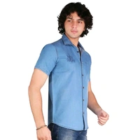 Men' s Denim Stylish Printed Light Blue Half Shirts Name: Men' s Denim Stylish Printed Light Blue Half Shirts  - Blue, S