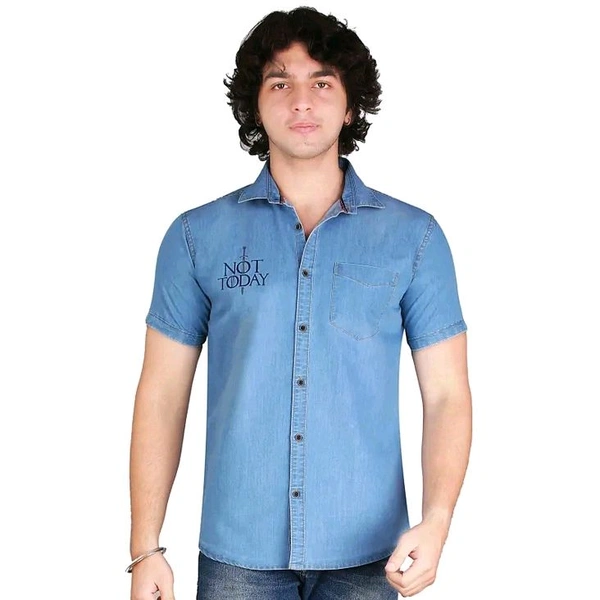 Men' s Denim Stylish Printed Light Blue Half Shirts Name: Men' s Denim Stylish Printed Light Blue Half Shirts  - Blue, XXL