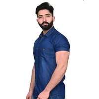 Stylish Men's Denim Half Shirt - Highlighted Dark Blue - Blue, S