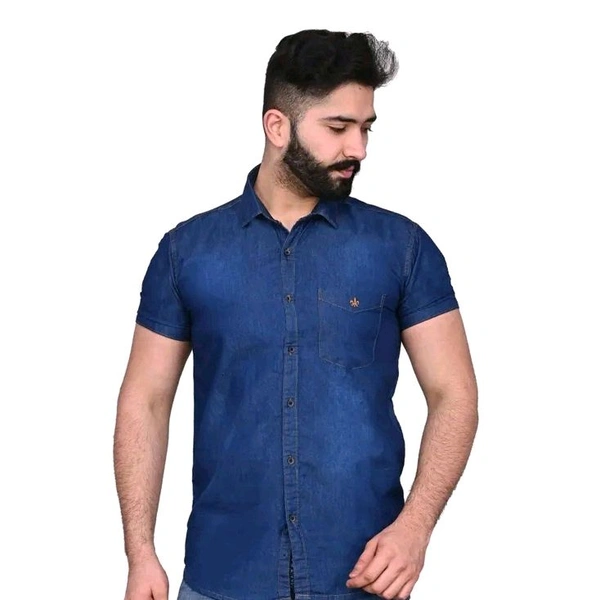 Stylish Men's Denim Half Shirt - Highlighted Dark Blue - Blue, 3XL
