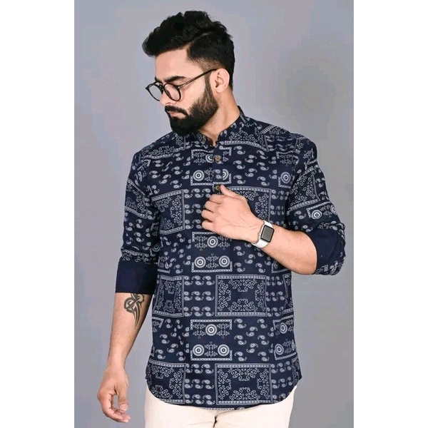 Men's Ethnic Motif Regular Spread Collar Black Shirts - Black, M